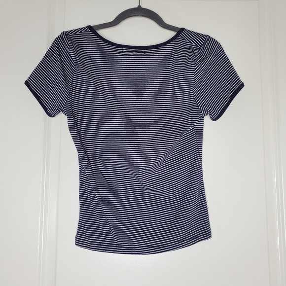 Urban Outfitters Truly Madly Deeply Navy Blue Striped V Neck Short Sleeve Top - Picture 5 of 7